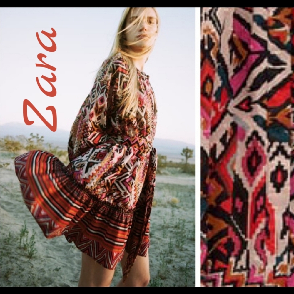 Zara Multicolor Tribal Print Mini Dress - Red, Pink, Orange, Black